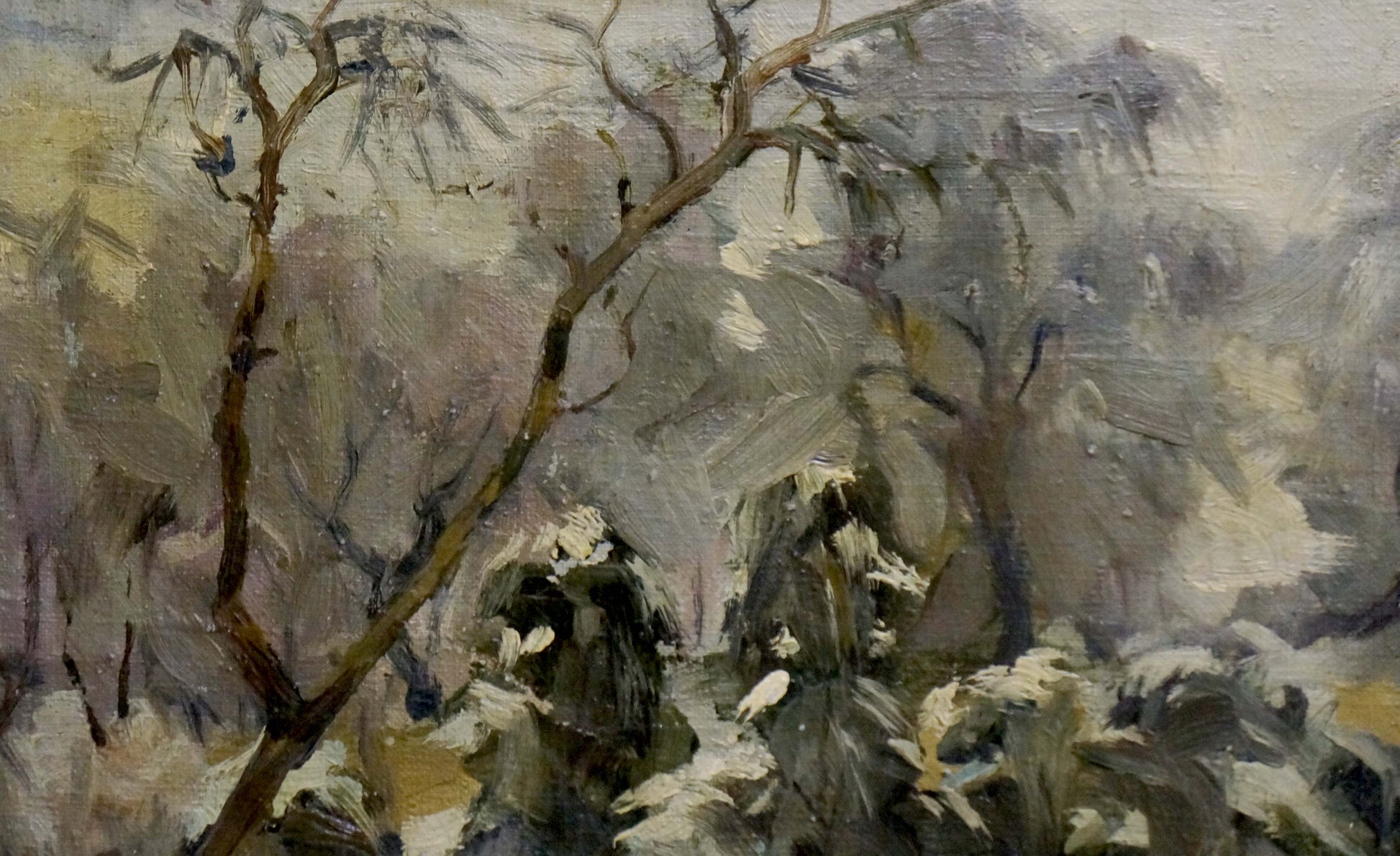 Textured impressionistic oil painting of snowy forest by unknown artist