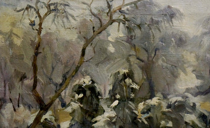 Textured impressionistic oil painting of snowy forest by unknown artist