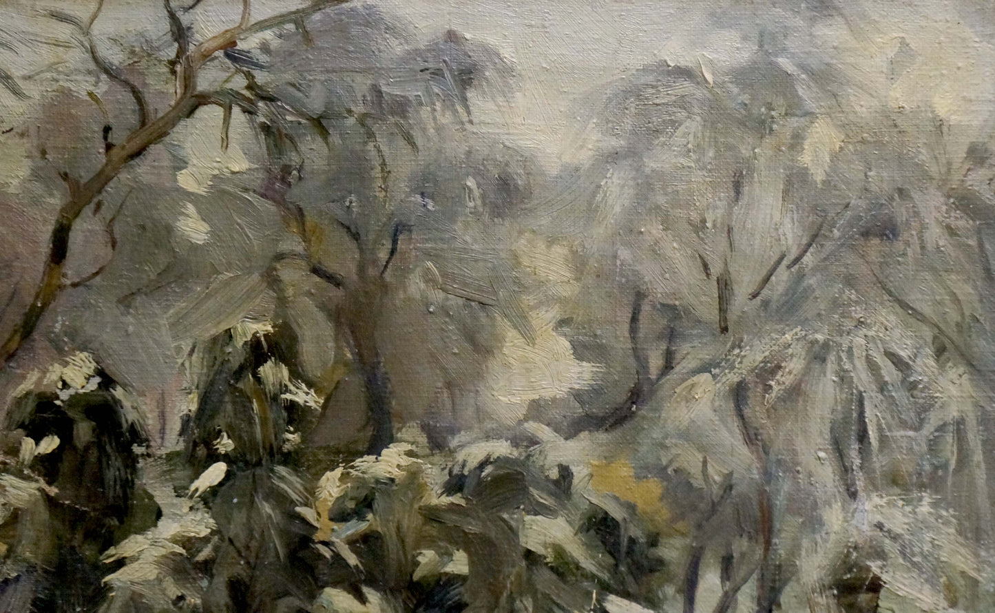 Textured impressionistic oil painting of snowy forest by unknown artist