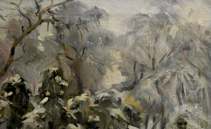 Textured impressionistic oil painting of snowy forest by unknown artist
