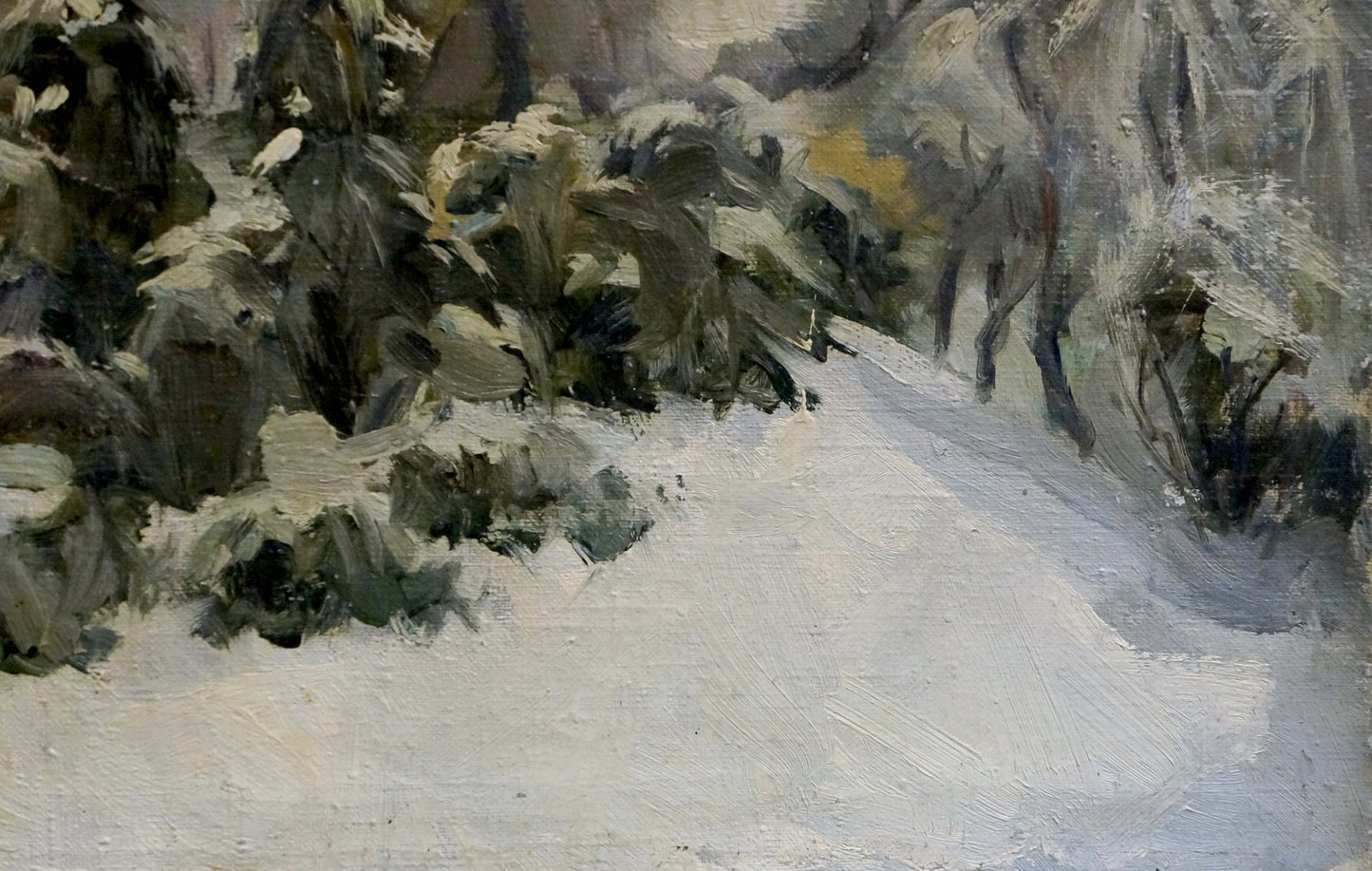 Oil painting of snowy forest path through dark snow-dusted trees