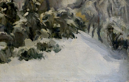 Oil painting of snowy forest path through dark snow-dusted trees