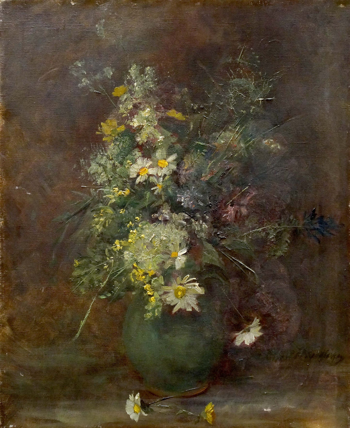 Oil painting of lush white and yellow daisies bouquet in olive vase