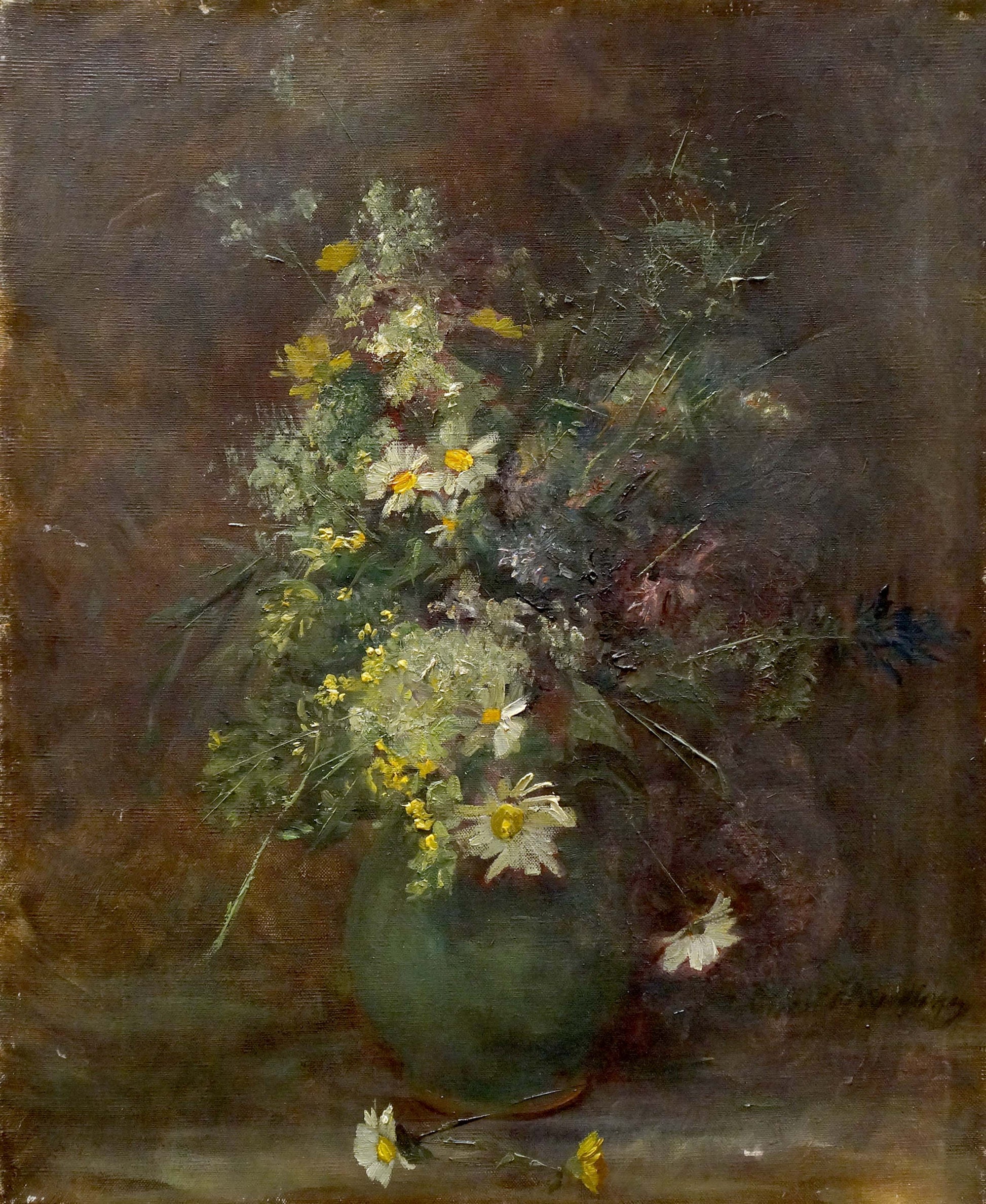 Oil painting of lush white and yellow daisies bouquet in olive vase