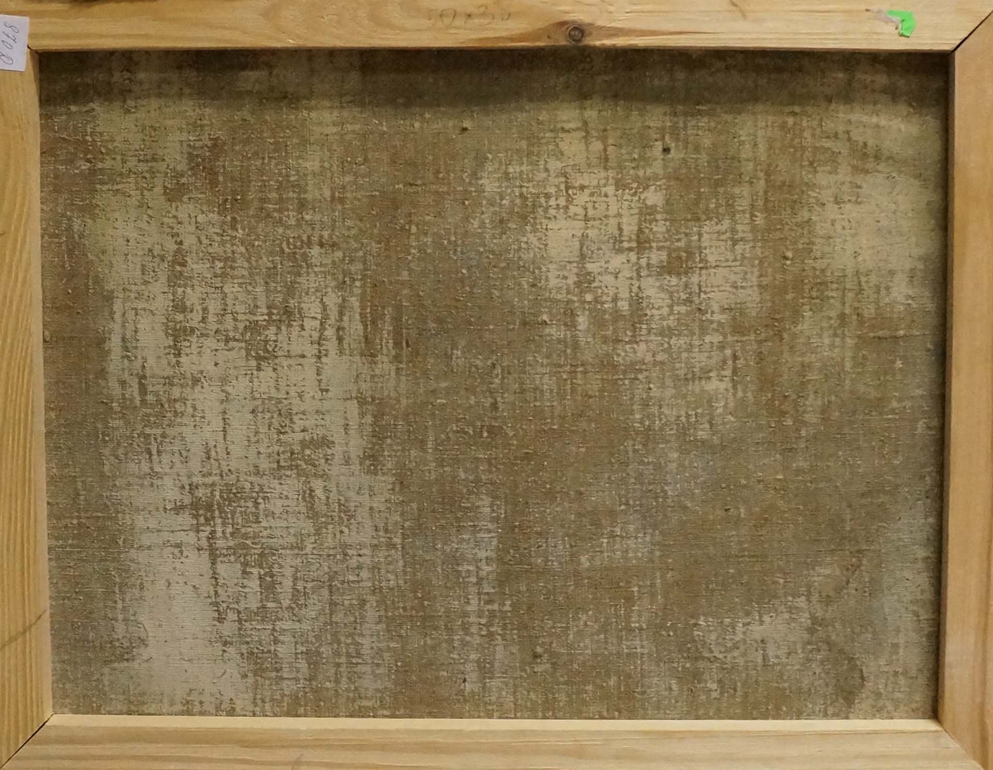 Back of framed oil painting The forest was covered with snow, textured beige-gray canvas