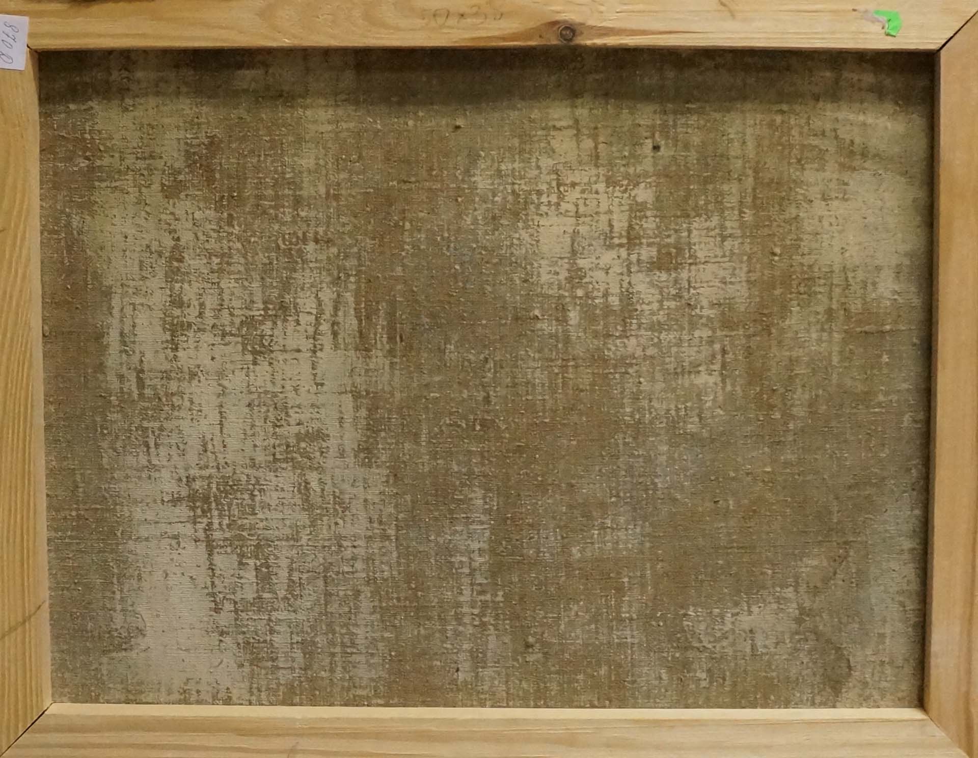 Back of framed oil painting The forest was covered with snow, textured beige-gray canvas
