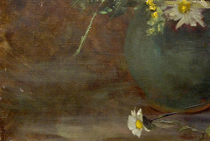 Oil painting of bouquet of daisies in dark green ceramic vase