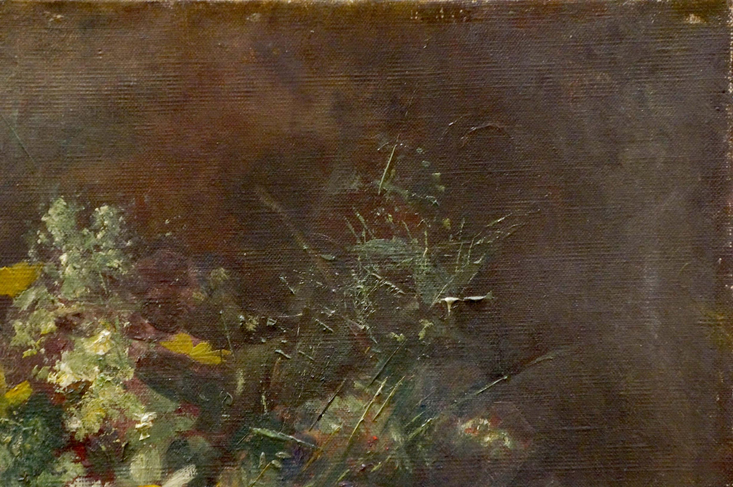 Oil painting of daisy bouquet with wildflowers and grasses in earthy tones