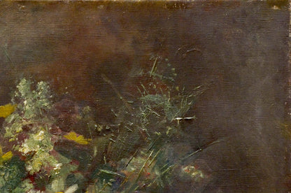 Oil painting of daisy bouquet with wildflowers and grasses in earthy tones
