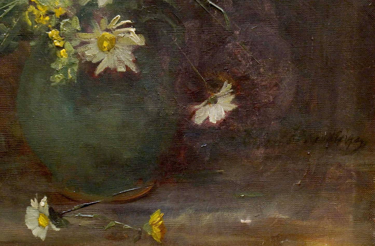 Oil painting of bouquet of daisies in muted green ceramic vase