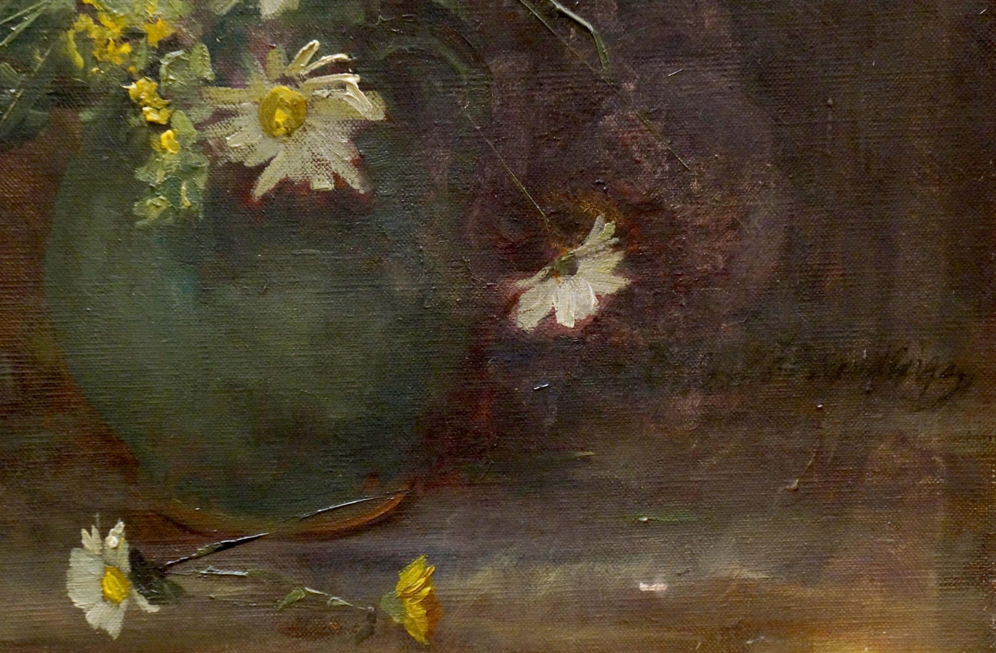 Oil painting of bouquet of daisies in muted green ceramic vase