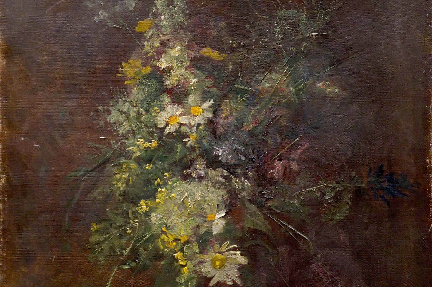 Oil painting of vibrant daisy bouquet with yellow wildflowers