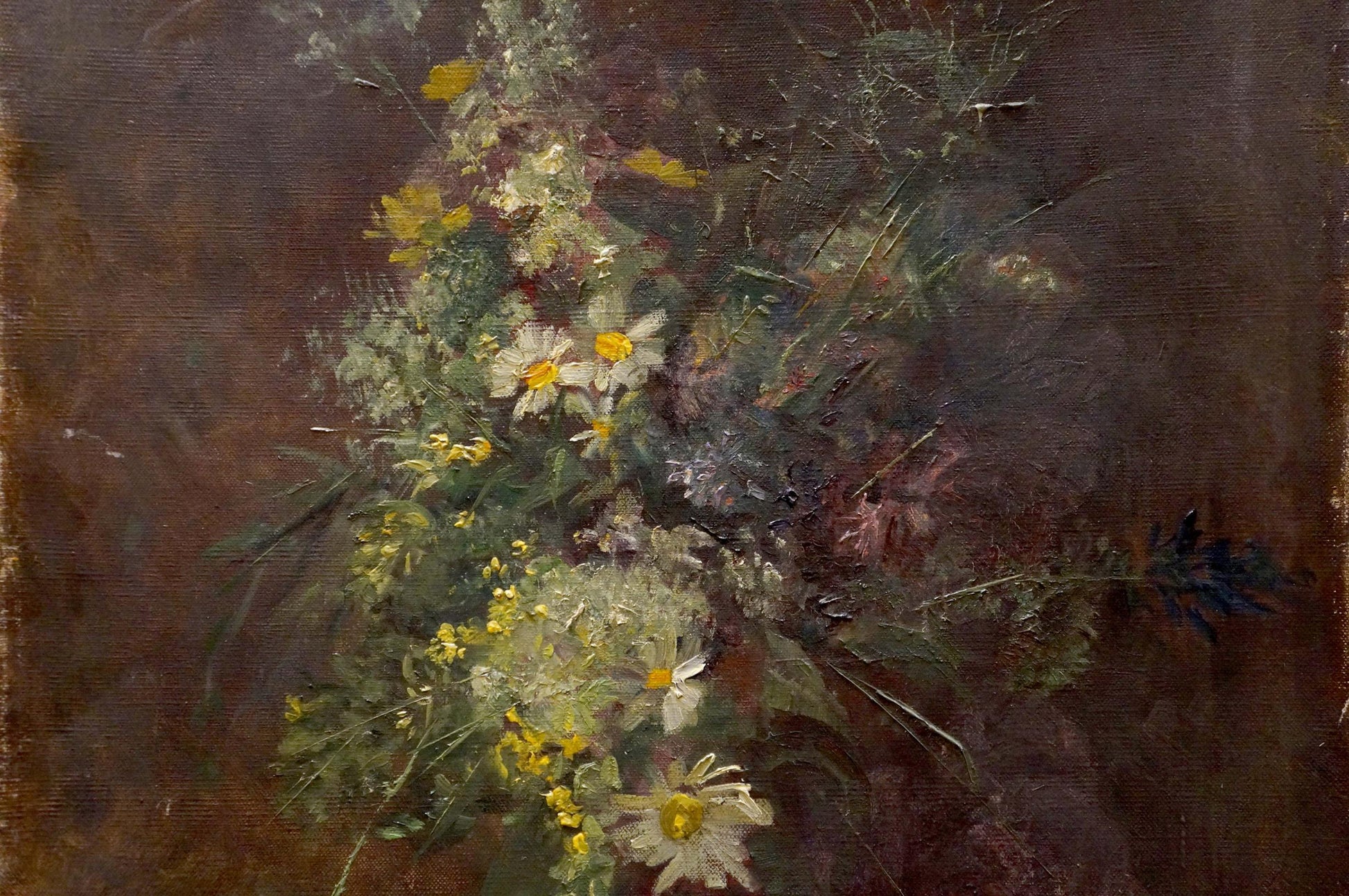 Oil painting of vibrant daisy bouquet with yellow wildflowers