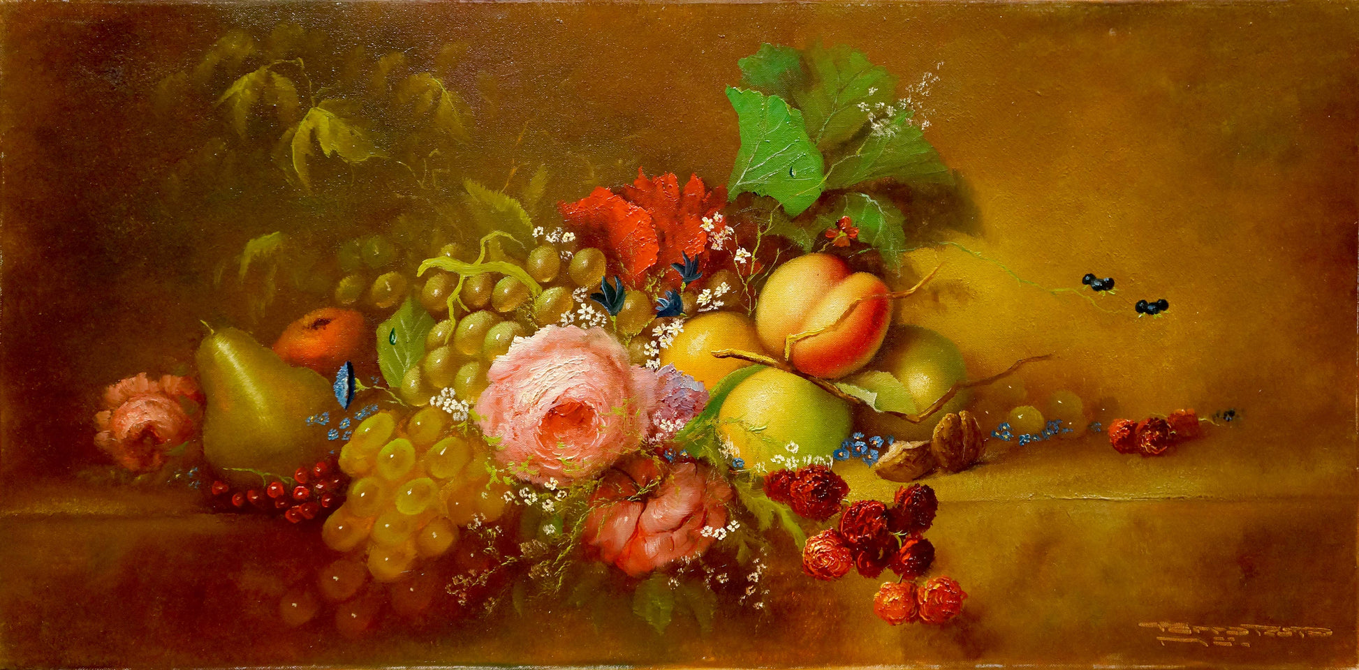 Oil painting Fruits Farraretto: grapes, peaches, pears, roses on brown background