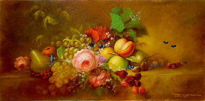Oil painting Fruits Farraretto: grapes, peaches, pears, roses on brown background