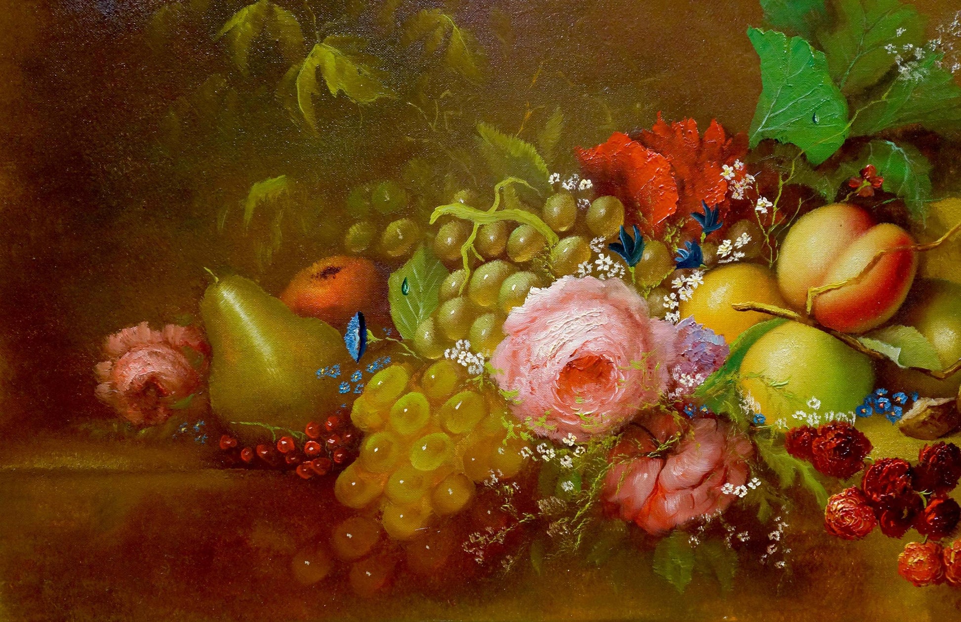 Oil painting Fruits Farraretto: grapes, pear, peaches, roses on dark background