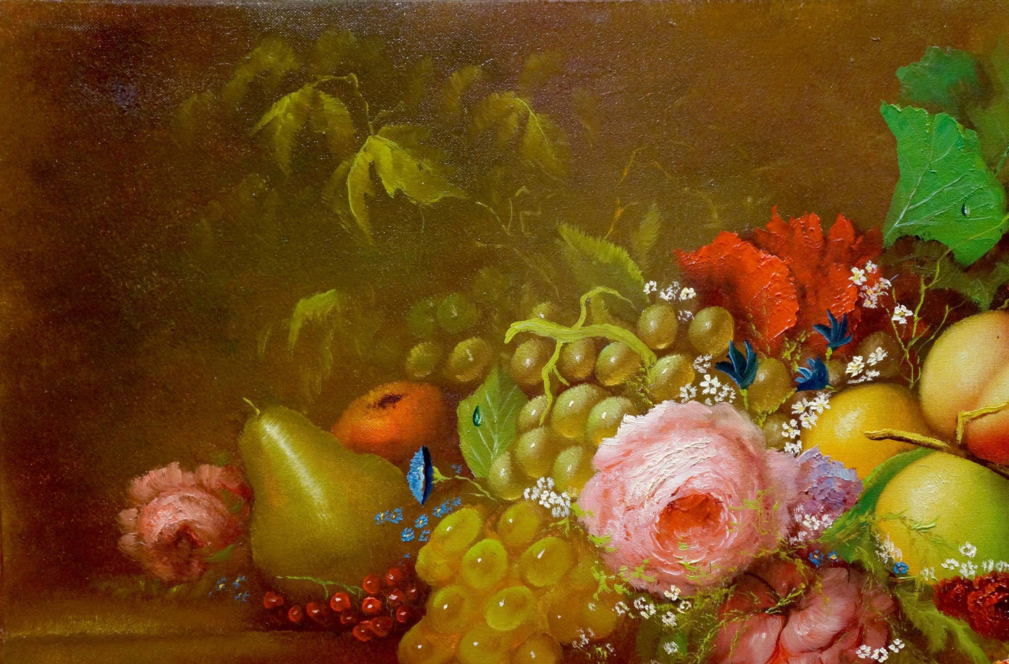 Oil painting Fruits Farraretto: vibrant still life with grapes, roses, berries, fruit, butterflies