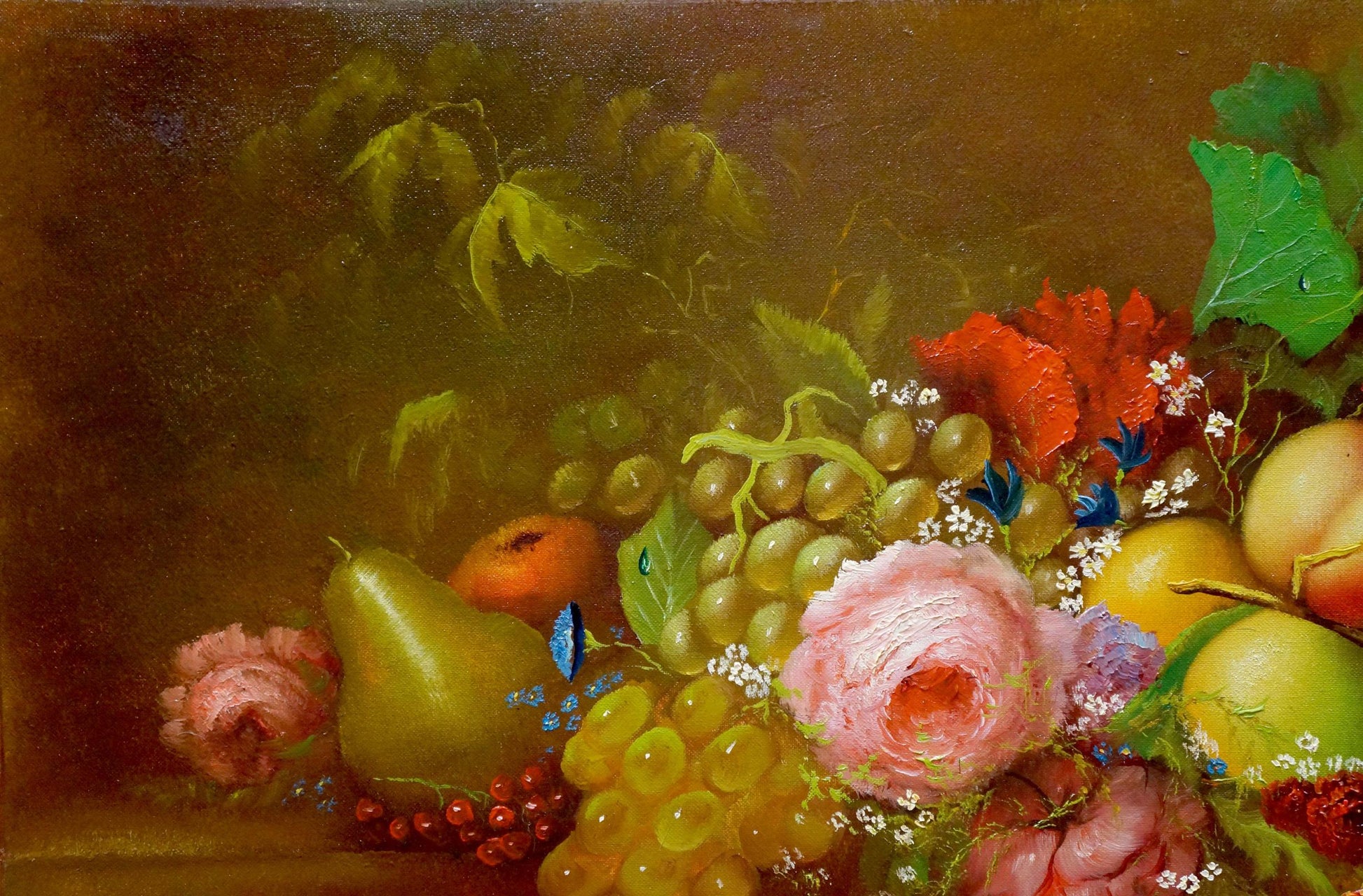 Oil painting Fruits Farraretto: vibrant still life with grapes, roses, berries, fruit, butterflies