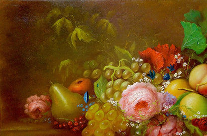 Oil painting Fruits Farraretto: vibrant still life with grapes, roses, berries, fruit, butterflies