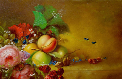 Oil painting Fruits Farraretto: ripe peaches, apples, grapes, flowers