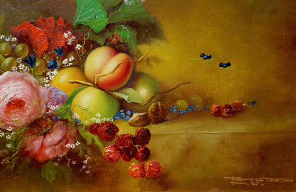 Oil painting Fruits Farraretto: ripe peaches, grapes, roses, berries