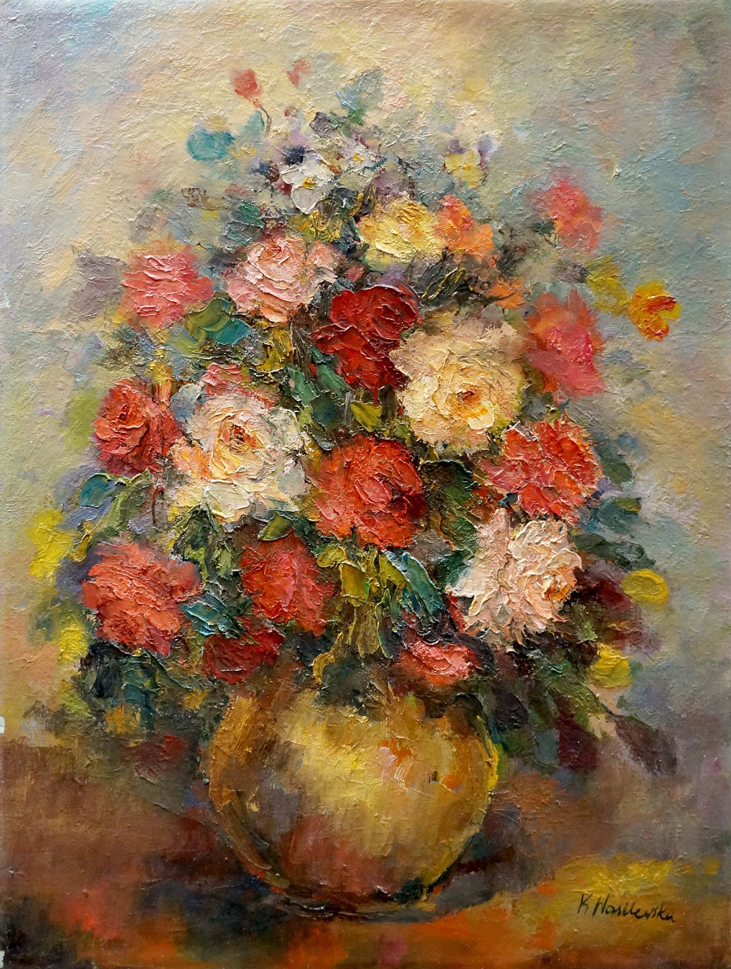 Oil painting of vibrant roses in golden vase by K. Wasilewska
