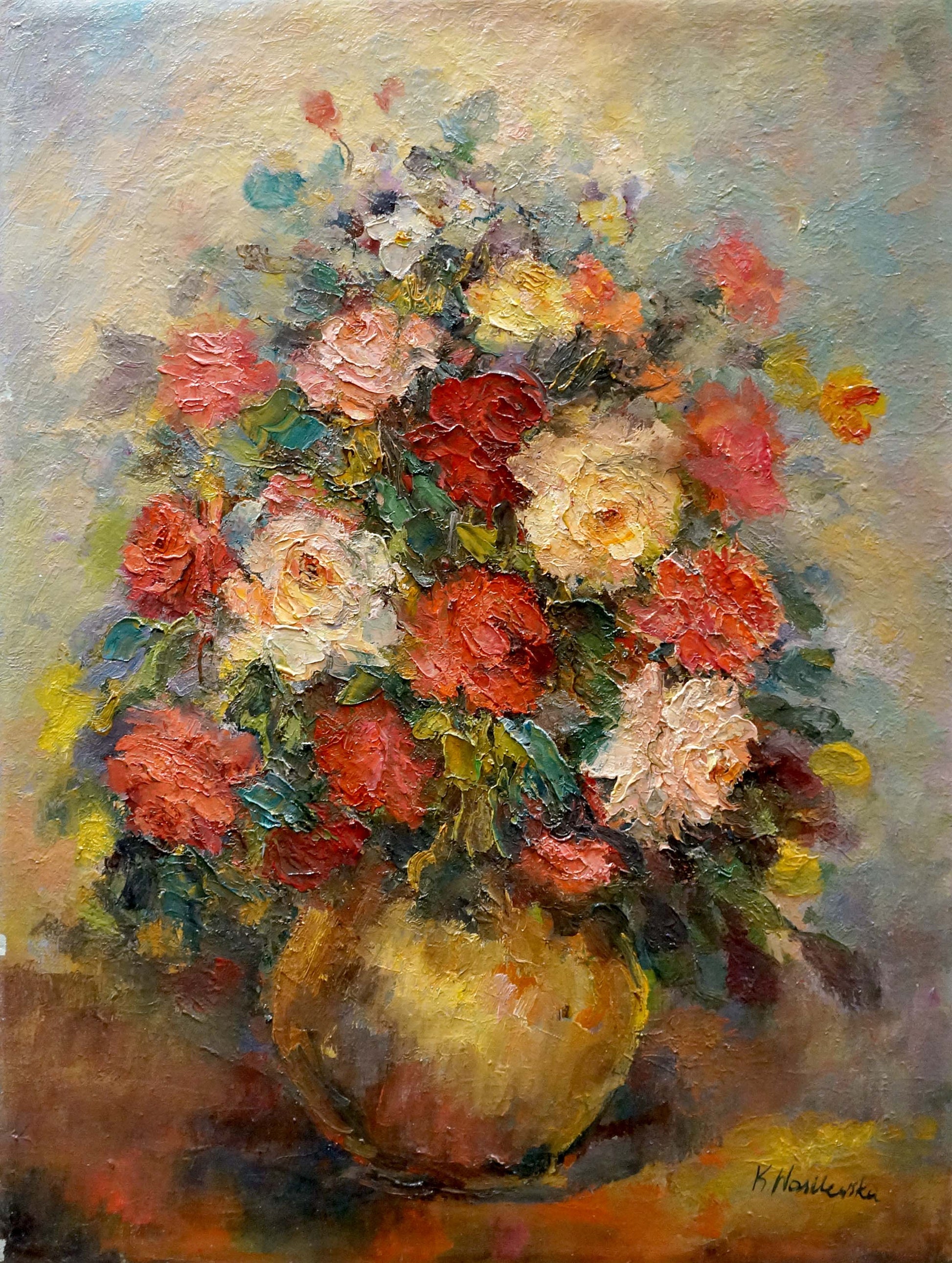 Oil painting of vibrant roses in golden vase by K. Wasilewska