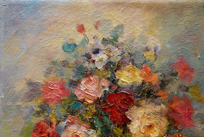 Vibrant oil painting of lush flowers by K. Wasilewska in reds, pinks, yellows, whites
