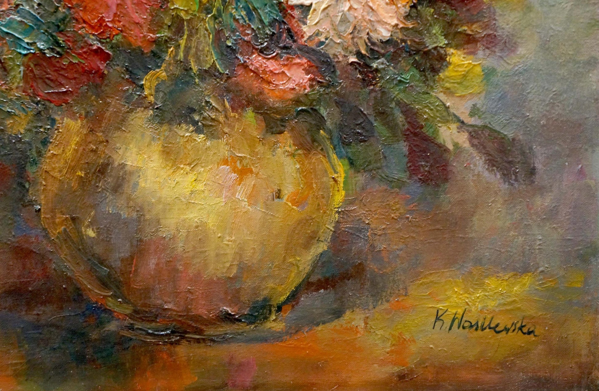 Golden-yellow textured ceramic vase by K. Wasilewska with flowers