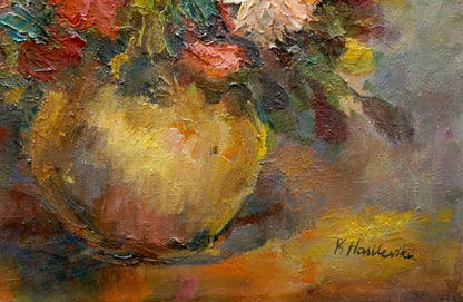 Golden-yellow textured ceramic vase by K. Wasilewska with flowers