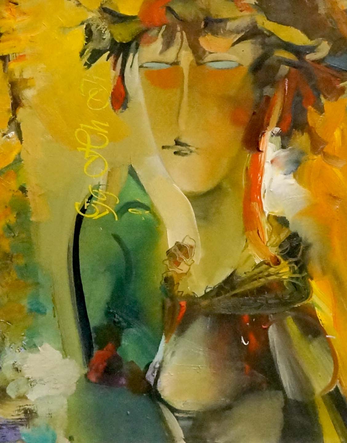 Oil painting Imagination: vibrant abstract female figure in yellow, green, orange
