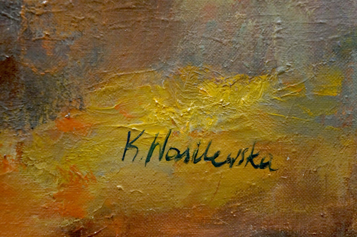 Oil painting Flowers K. Wasilewska with textured yellow orange brown strokes