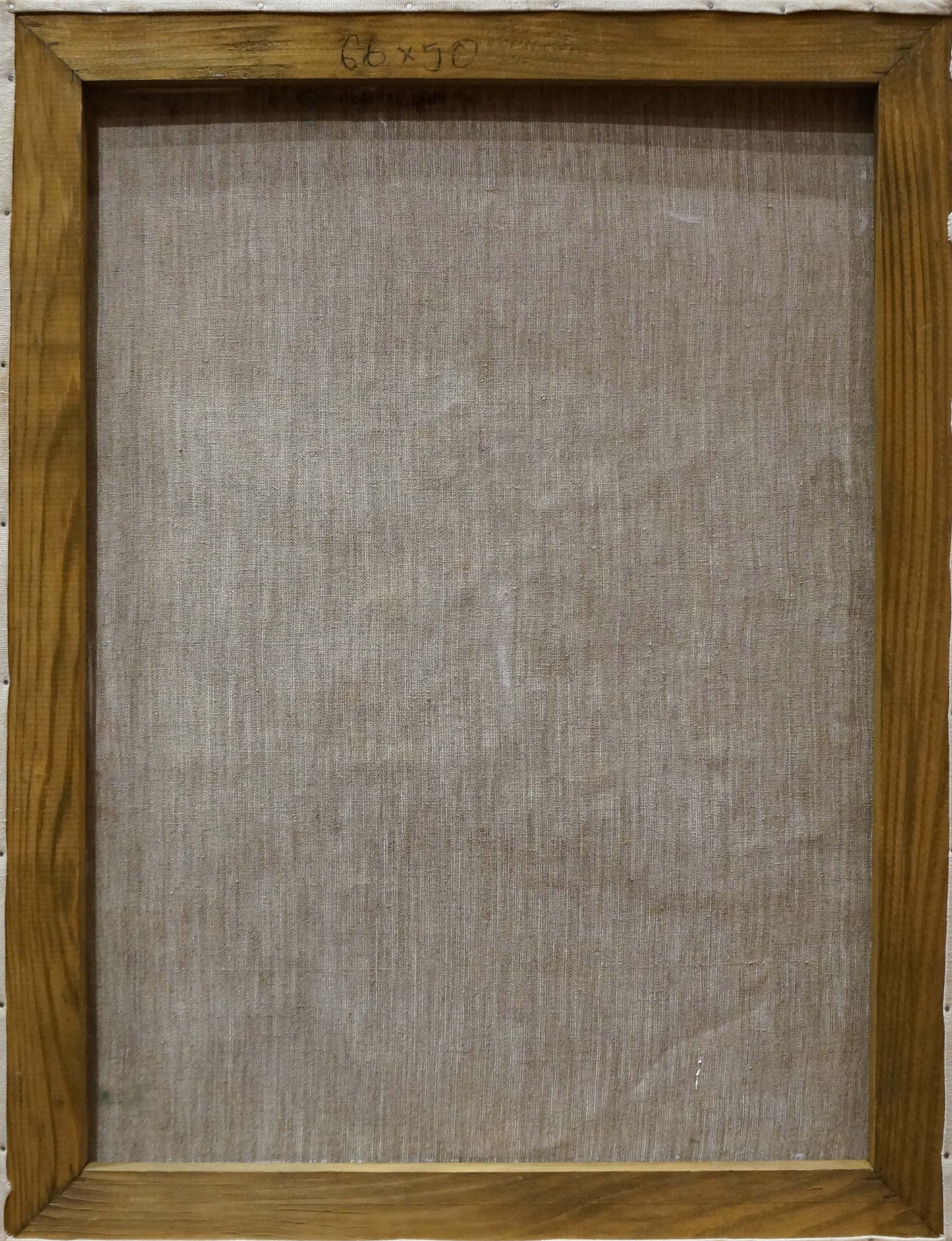 Back of Oil painting Flowers K. Wasilewska with wooden frame and beige fabric