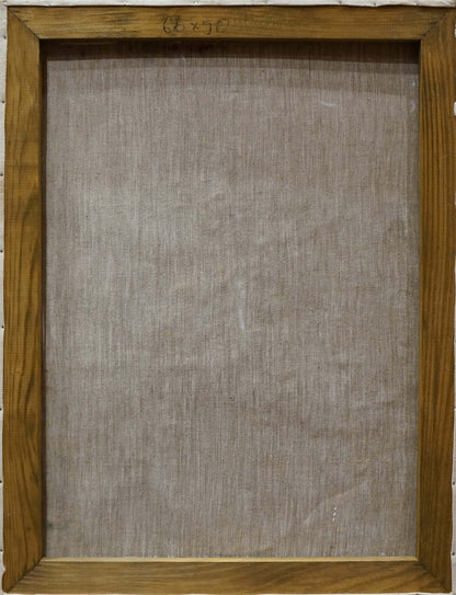 Back of Oil painting Flowers K. Wasilewska with wooden frame and beige fabric