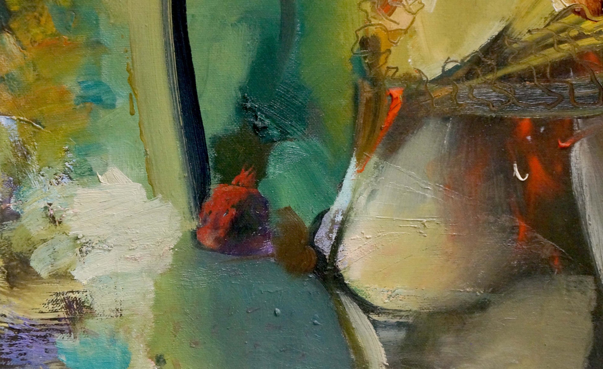 Oil painting Imagination: vibrant abstract with teal, yellow, red brushstrokes