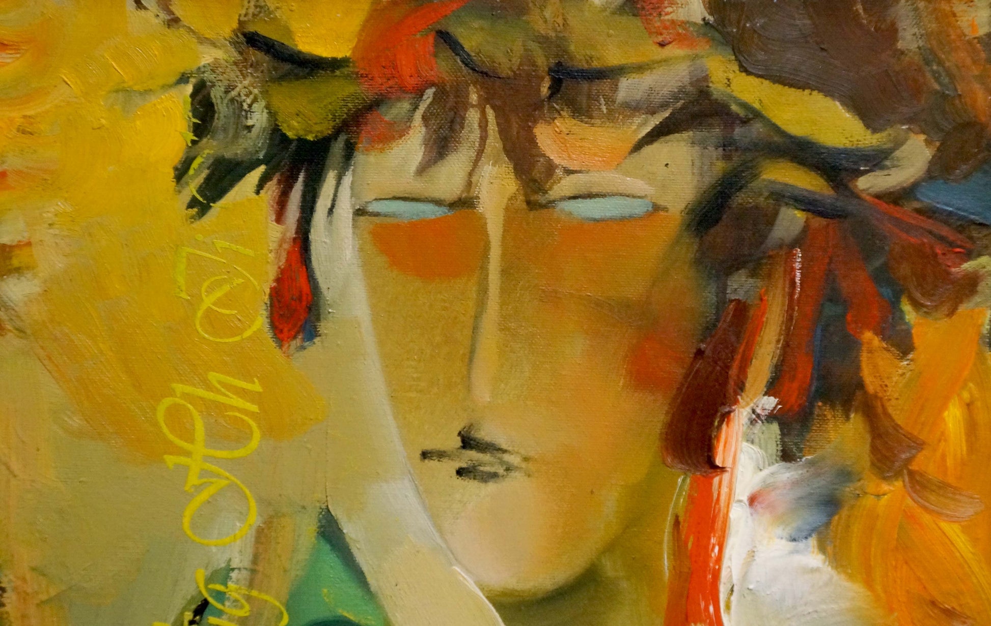 Oil painting Imagination: vibrant abstract face in yellow, orange, red, green