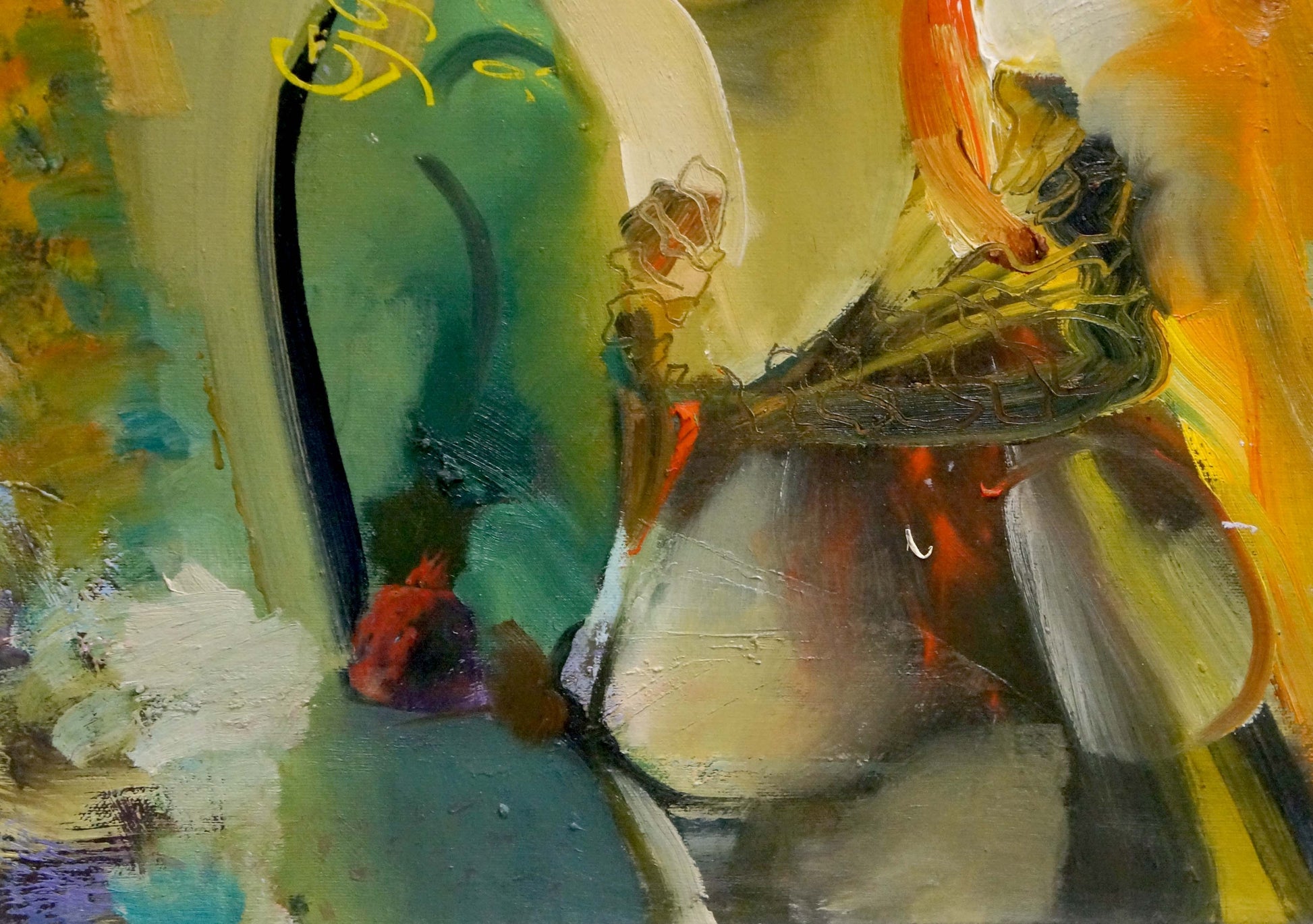 Oil painting Imagination: abstract expressionist teal orange yellow white brushstrokes