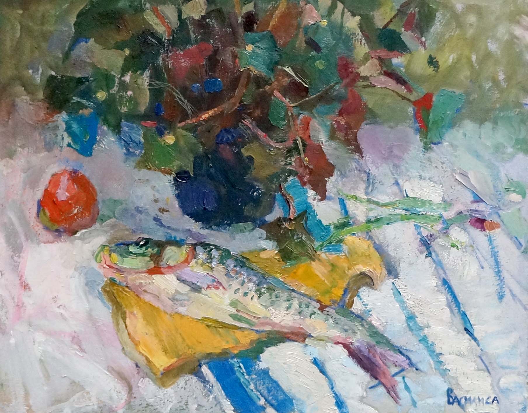 Oil painting Carp in Y. by Vasilisa Kolesnik vibrant fish and fruit
