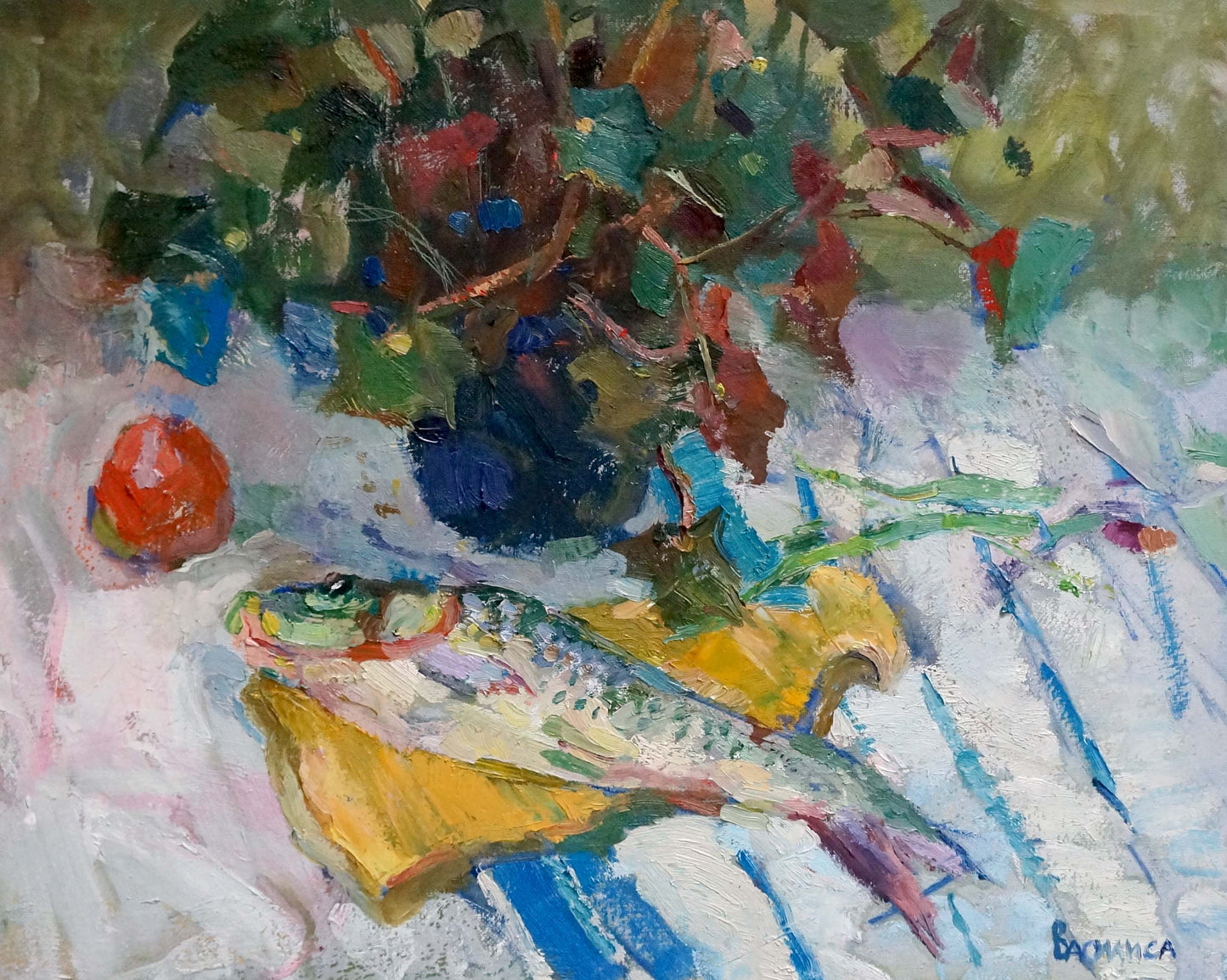 Oil painting Carp in Y. by Vasilisa Kolesnik, vibrant fish on yellow cloth