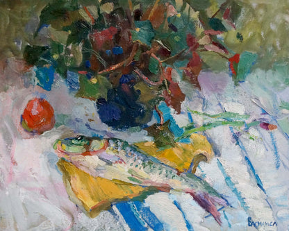 Oil painting Carp in Y. by Vasilisa Kolesnik, vibrant fish on yellow cloth