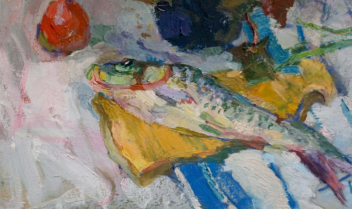 Oil painting of shimmering green silver carp by Vasilisa Kolesnik