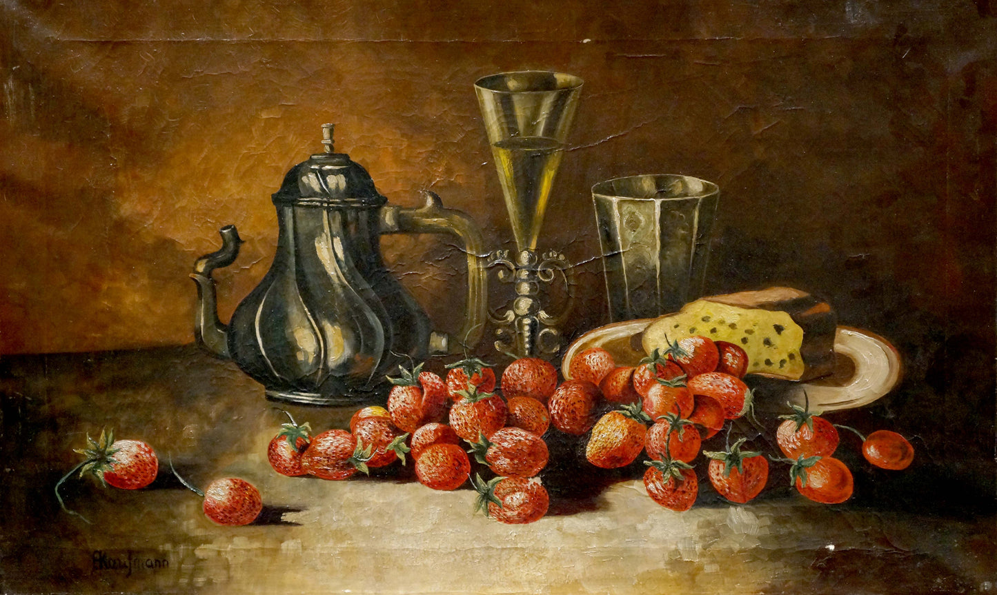 Oil painting of ornate silver teapot and glass goblet by Angelika Kauffmann