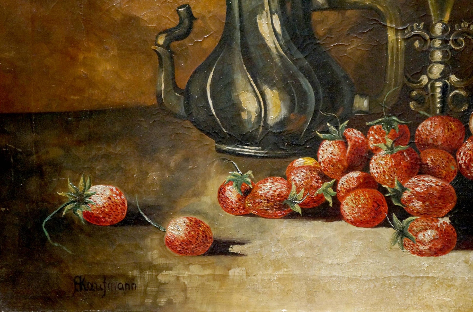 Oil painting by Angelika Kauffmann: dark pitcher behind red strawberries