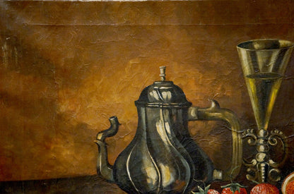 Oil painting of dark reflective silver teapot by Angelika Kauffmann