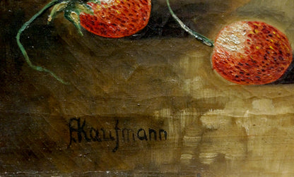 Oil painting by Angelika Kauffmann: two ripe red strawberries on earthy surface