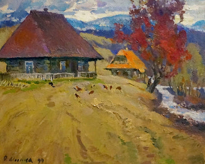 Oil painting by Mynka Alexander Fedorovich: rustic house in autumn field