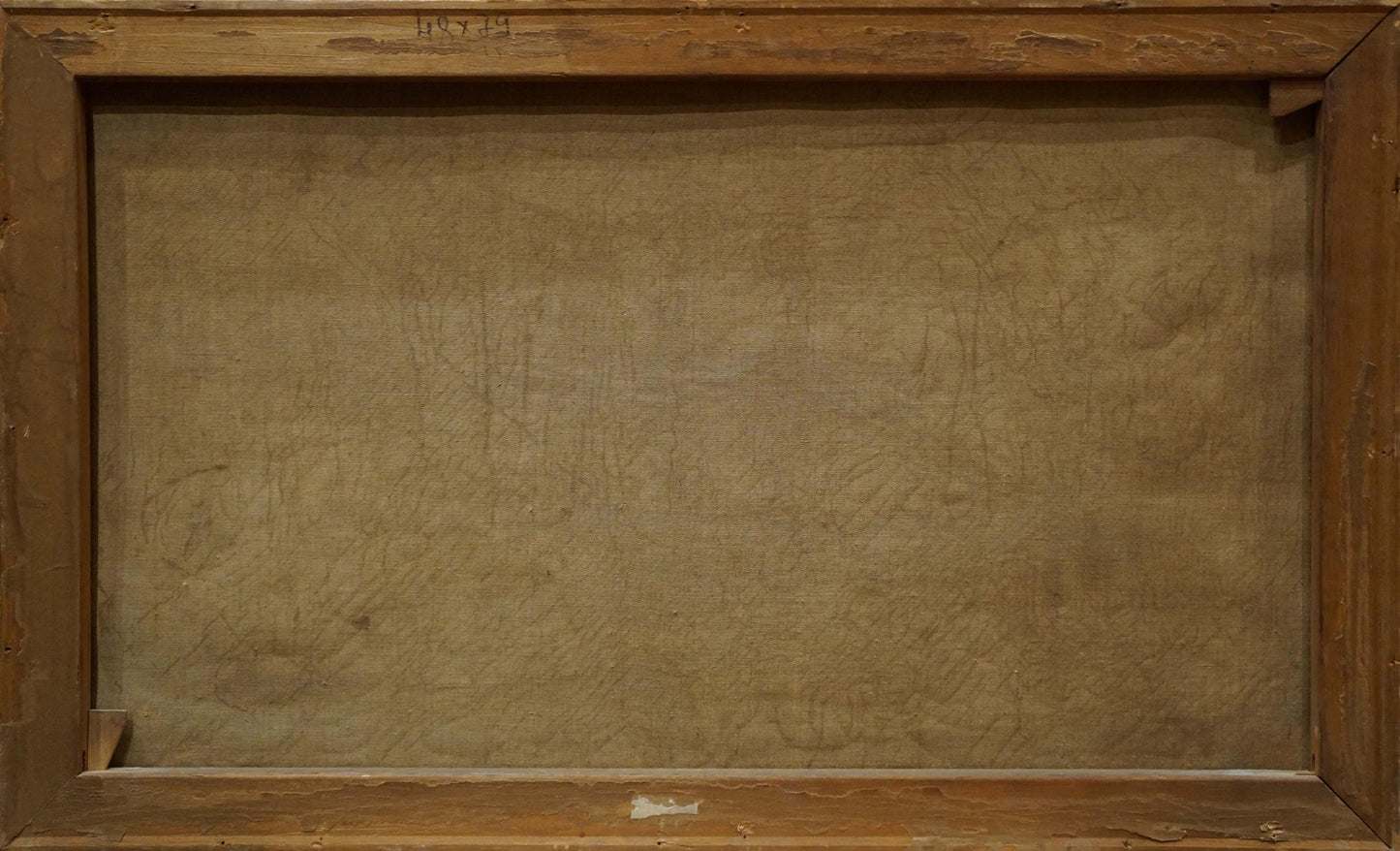 Back of Angelika Kauffmann oil painting canvas with wooden frame and beige stretcher bar