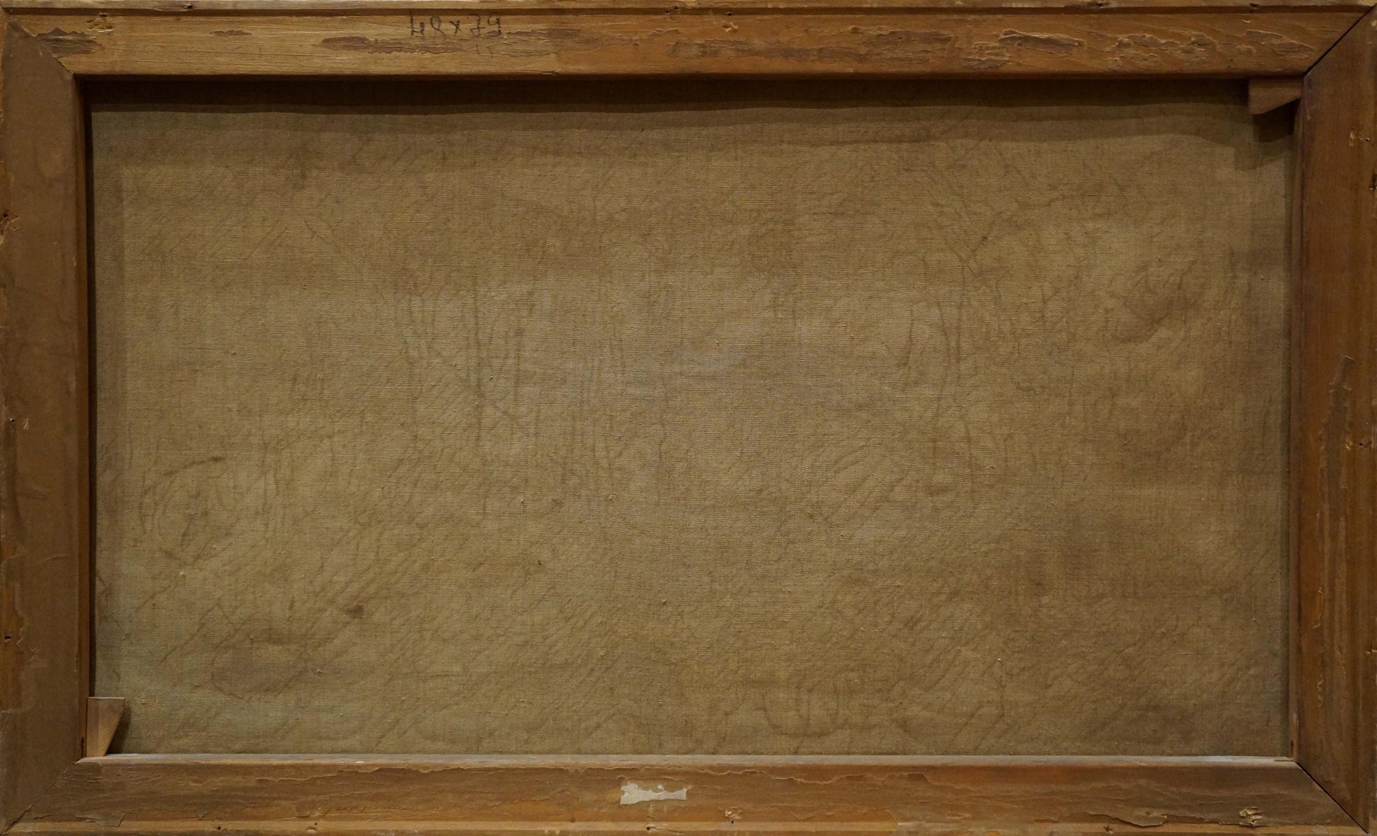Back of Angelika Kauffmann oil painting canvas with wooden frame and beige stretcher bar