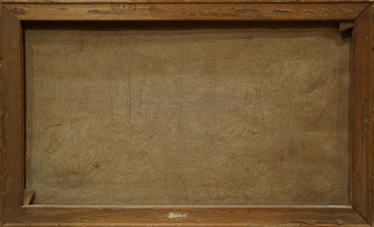 Back of Angelika Kauffmann oil painting canvas with wooden frame and beige stretcher bar