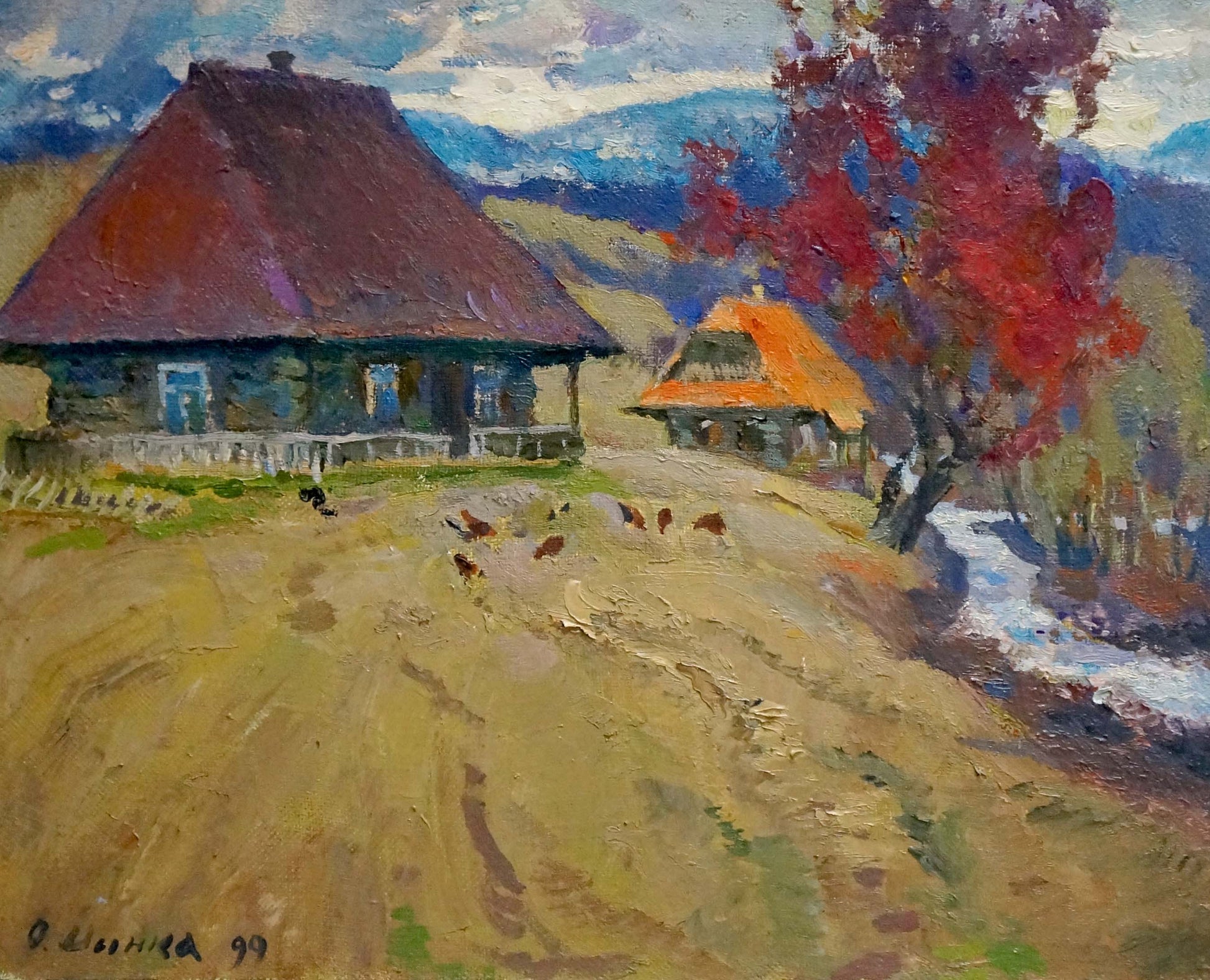 Oil painting of rustic house with thatched roof by Mynka Alexander Fedorovich